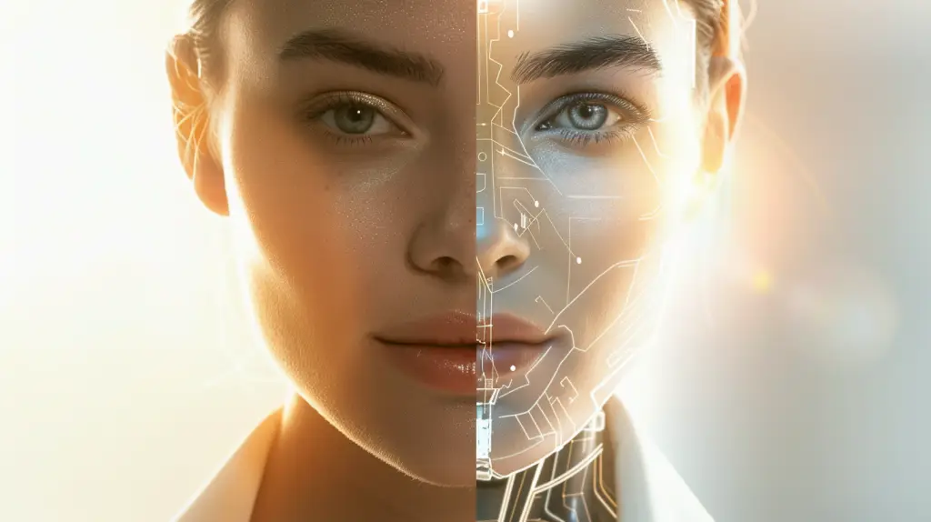 Women's face half human half AI